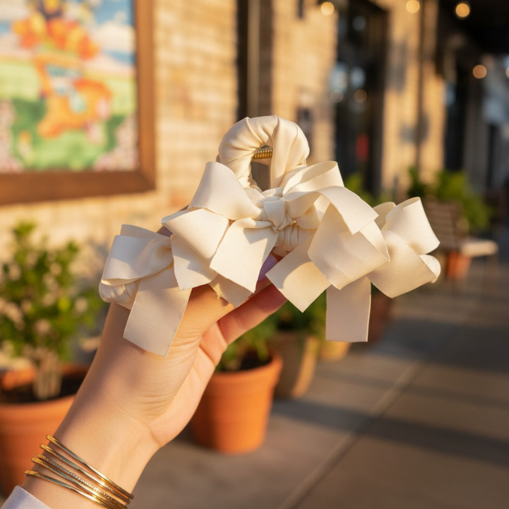 Cream Satin Bow Hair Claw Clip