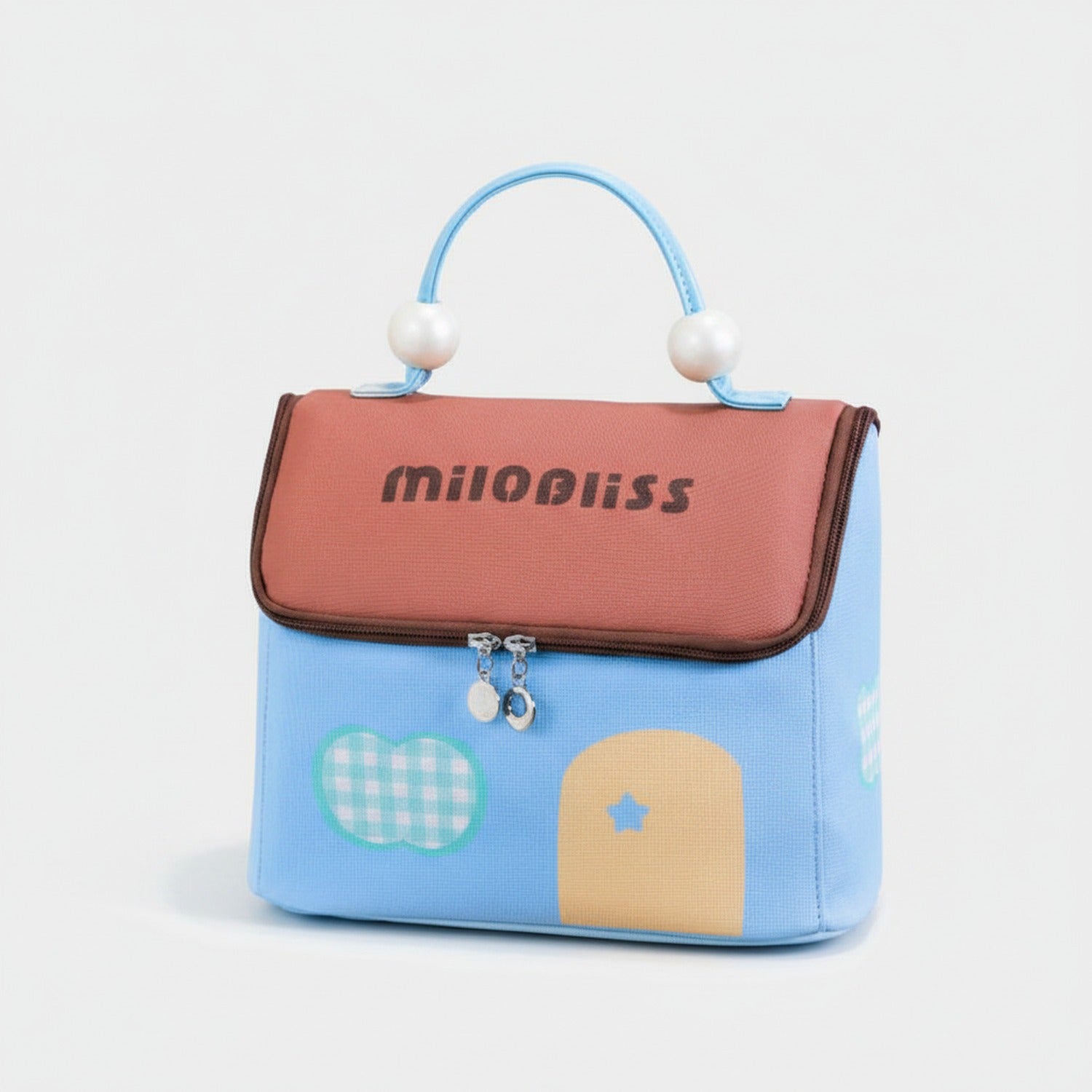 Blue Cosmetic Bag With Pearl Handle Details