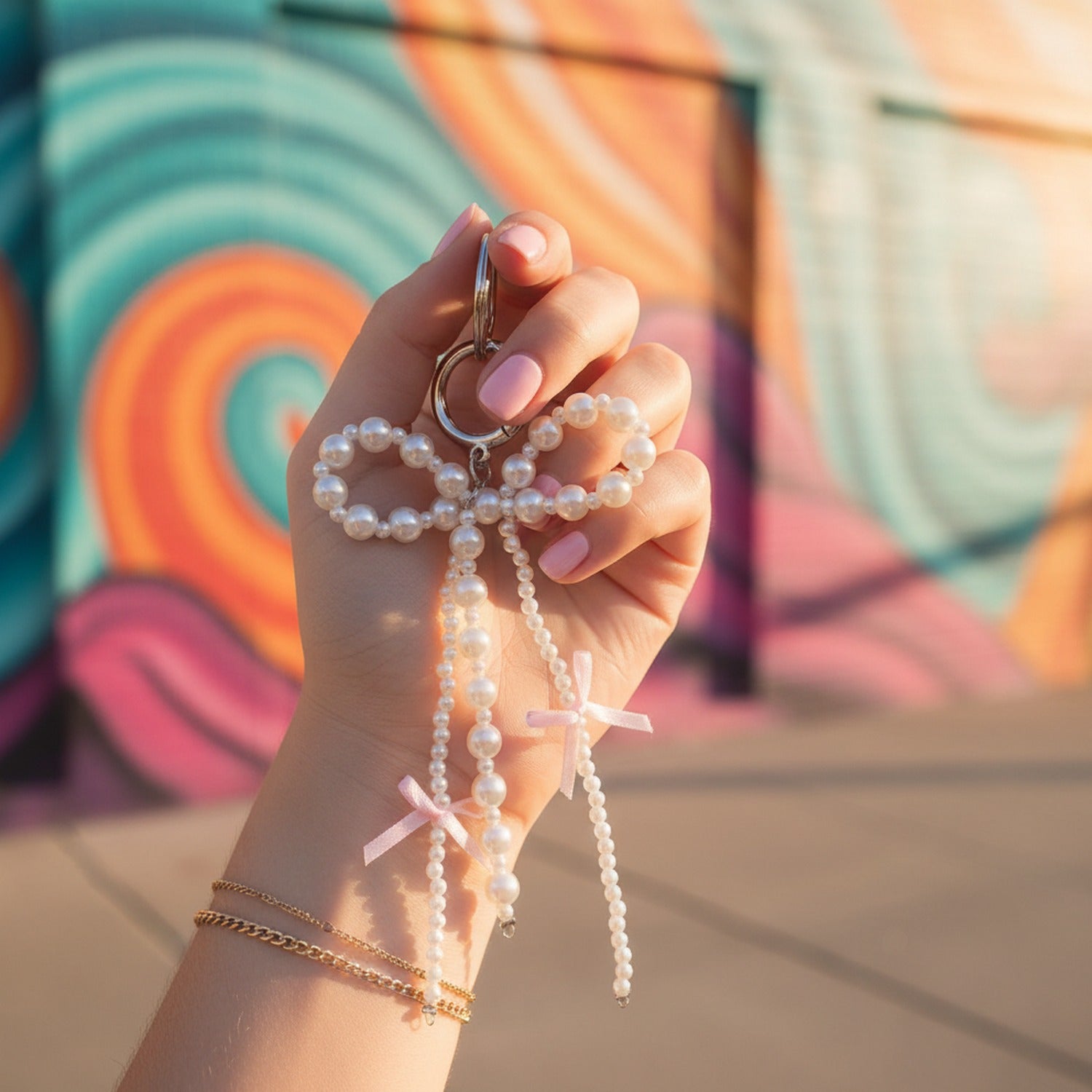 Pearl Beaded Bow Keyring Charm