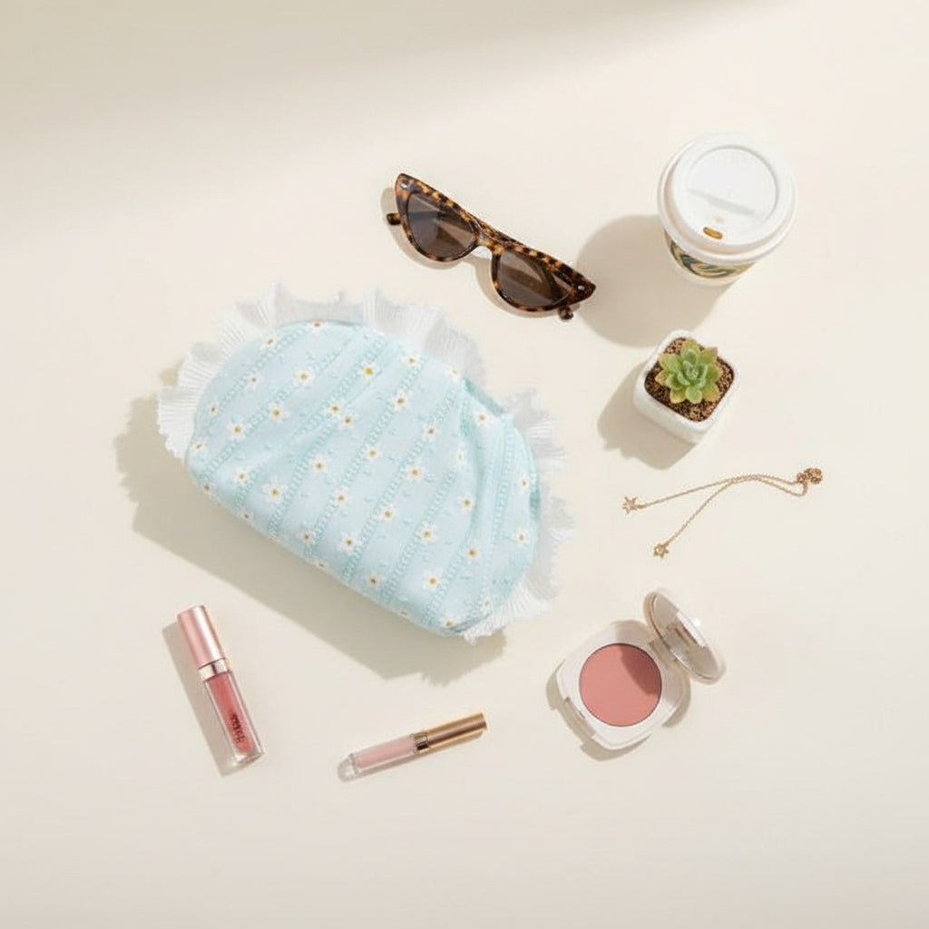 Light Blue Daisy Floral Ruched Cosmetic Bag