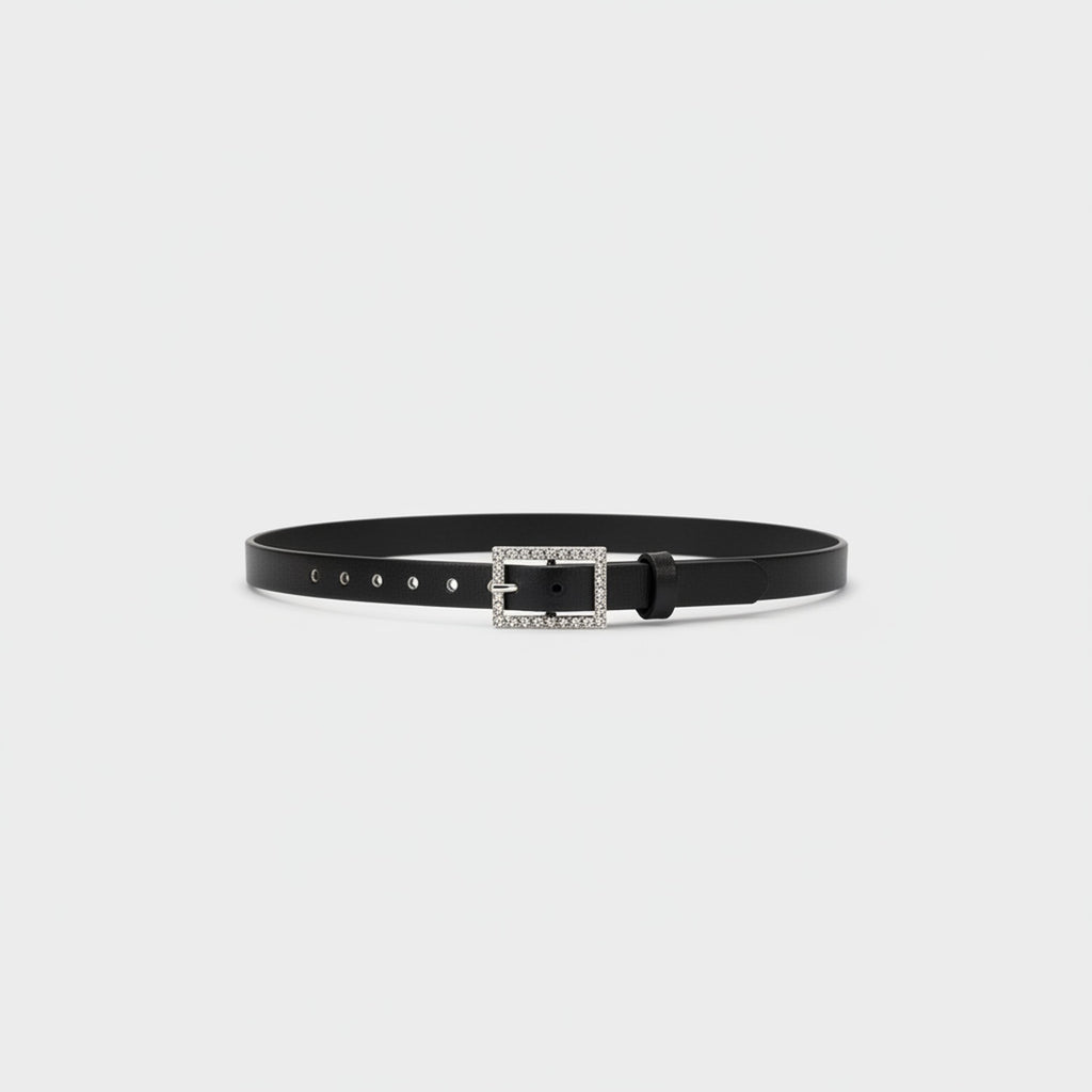 Black Leather Belt Rhinestone Buckle