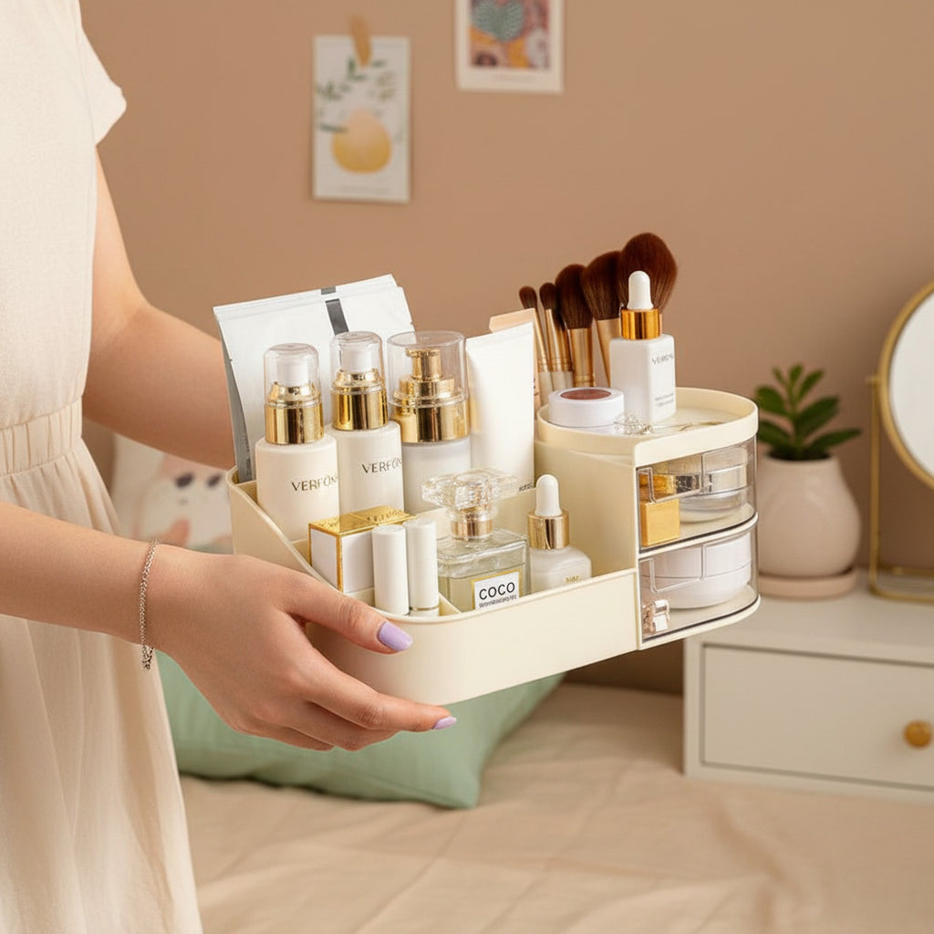 Cream Rotating Cosmetic Organizer With Mirror And Brush Holder