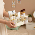 Cream Rotating Cosmetic Organizer With Mirror And Brush Holder