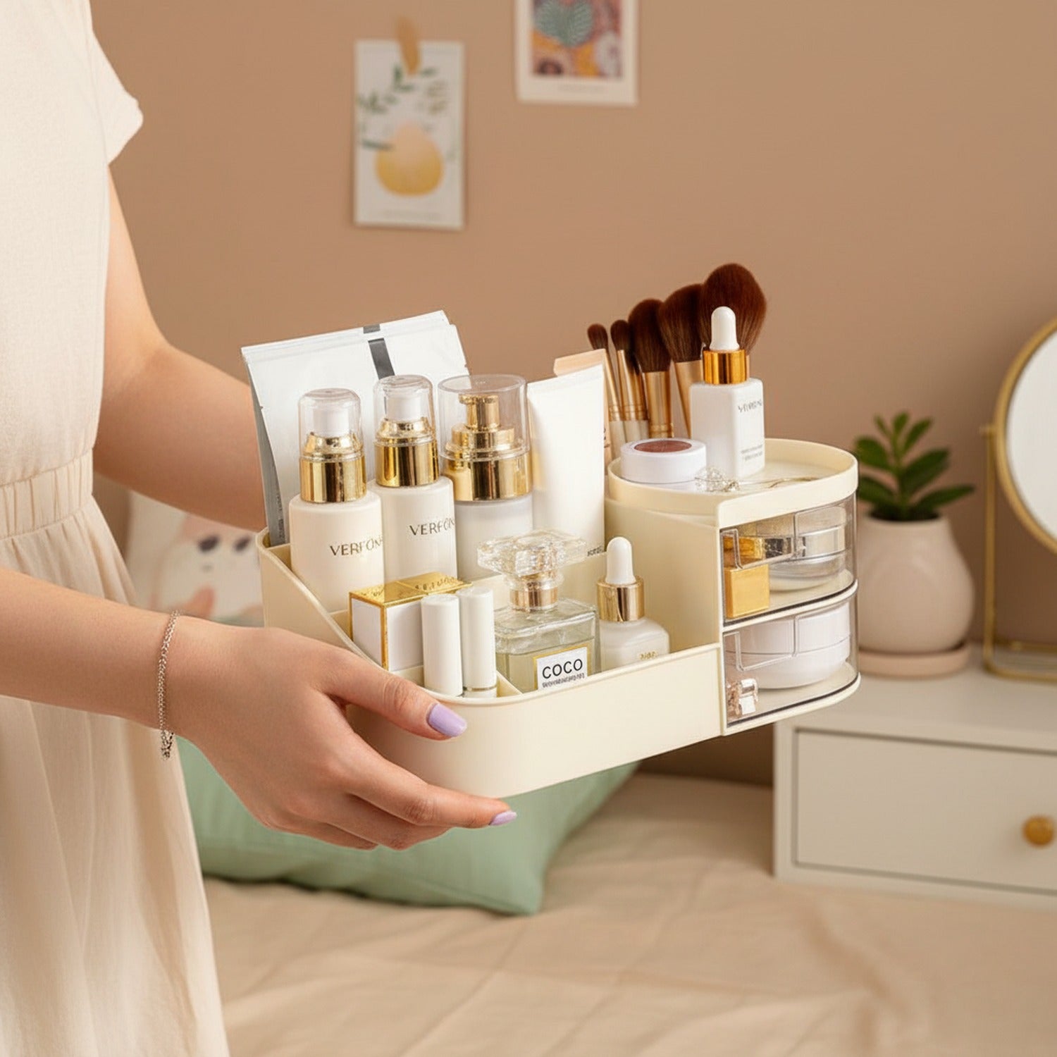Cream Rotating Cosmetic Organizer With Mirror And Brush Holder