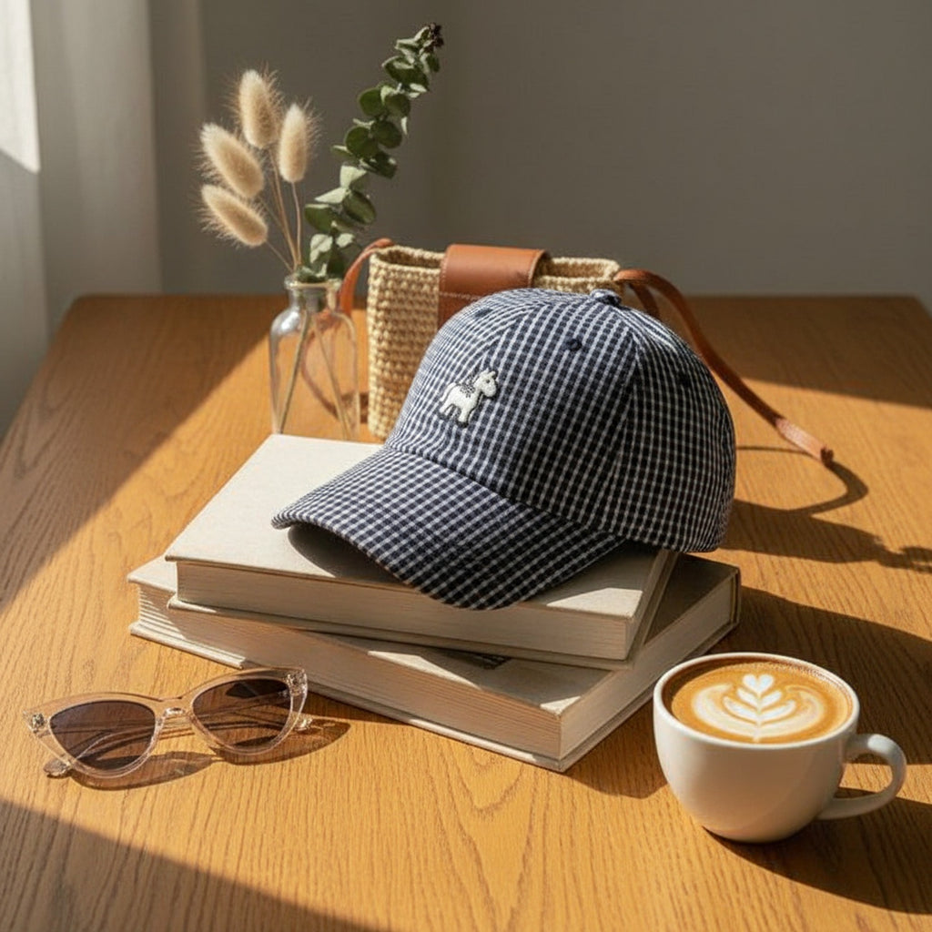Blue Gingham Check Cap With Horse Emblem