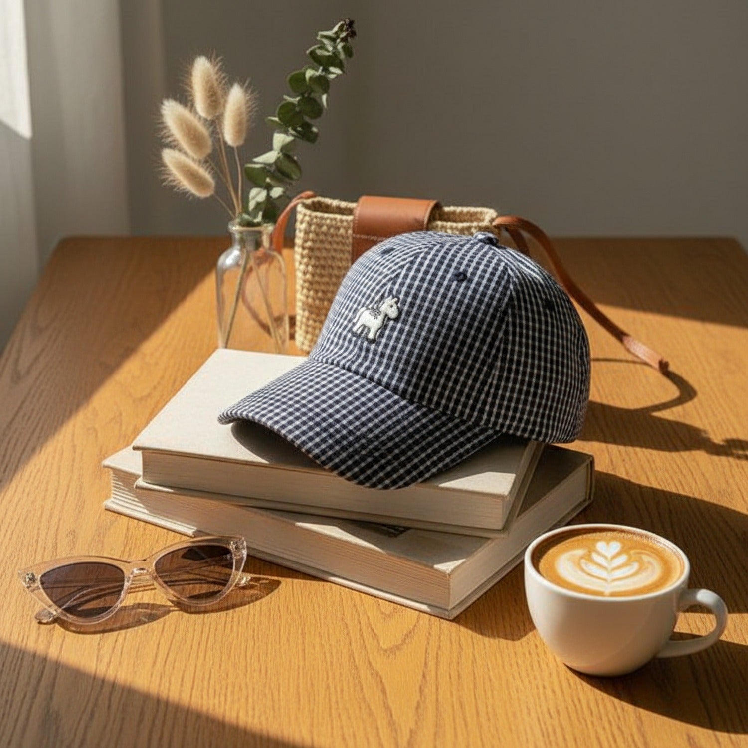 Blue Gingham Check Cap With Horse Emblem