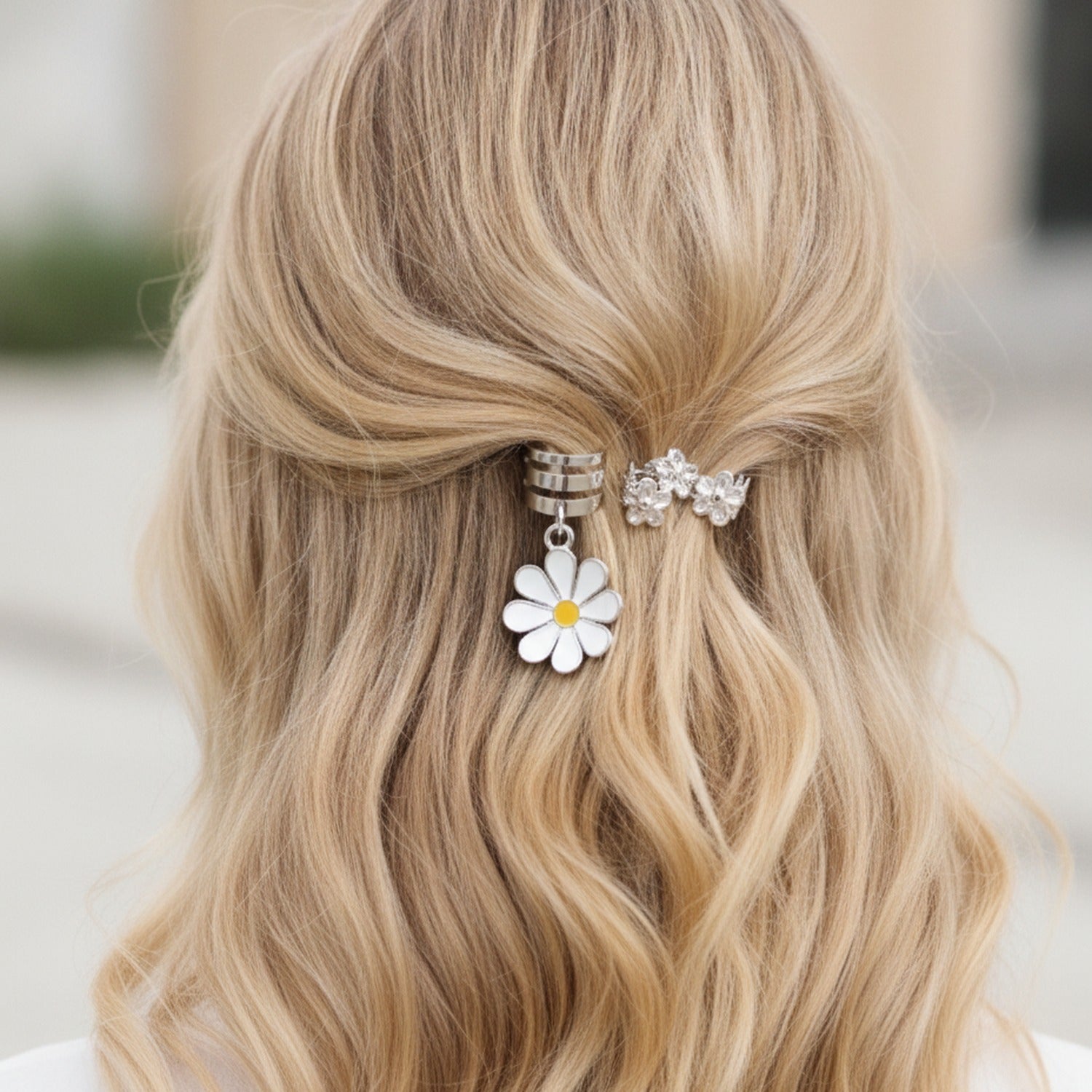 Daisy Charm Hair Clip Set Silver