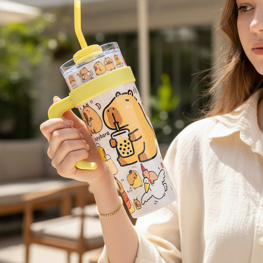 Pink Capybara Printed Tumbler With Handle And Straw