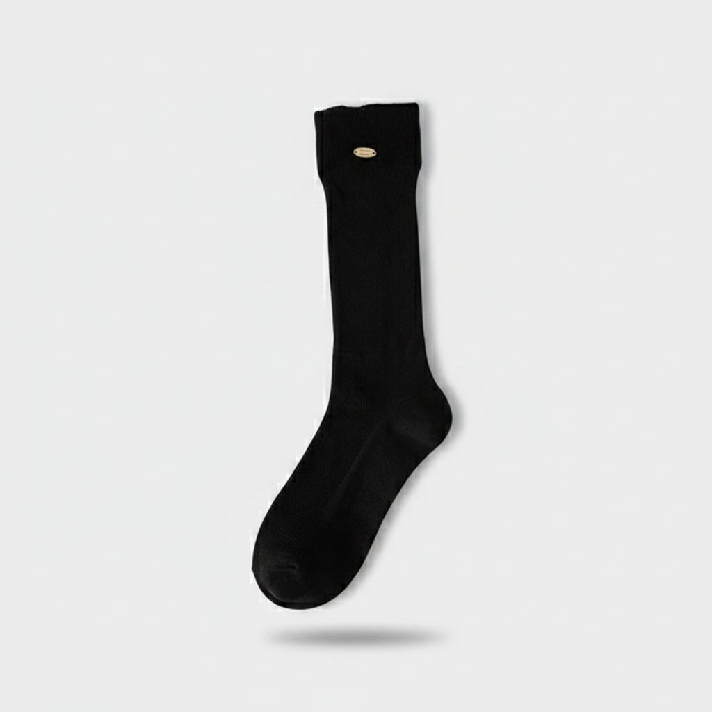 Black Ribbed Crew Socks With Gold Detail