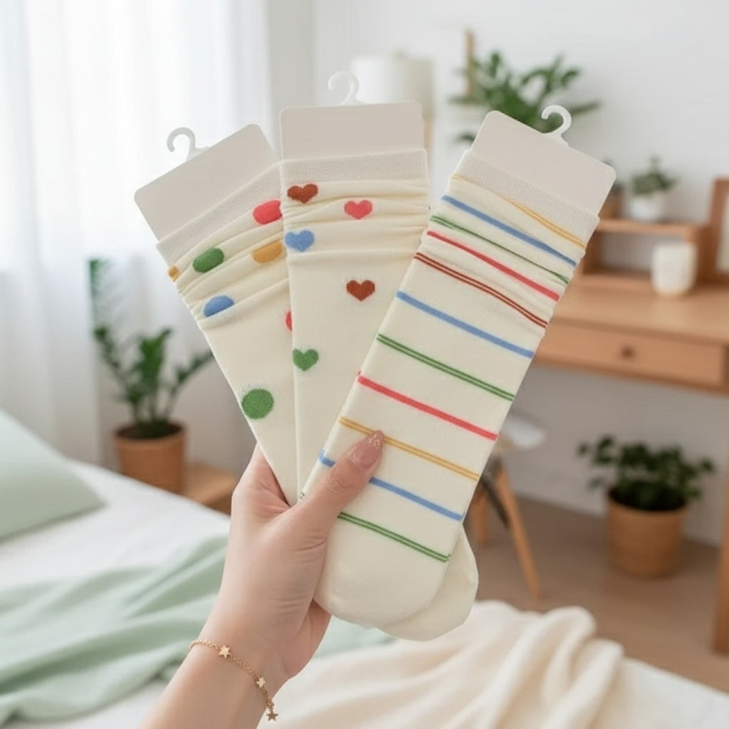 Cream Socks With Hearts Bows and Stripes 5-Pack