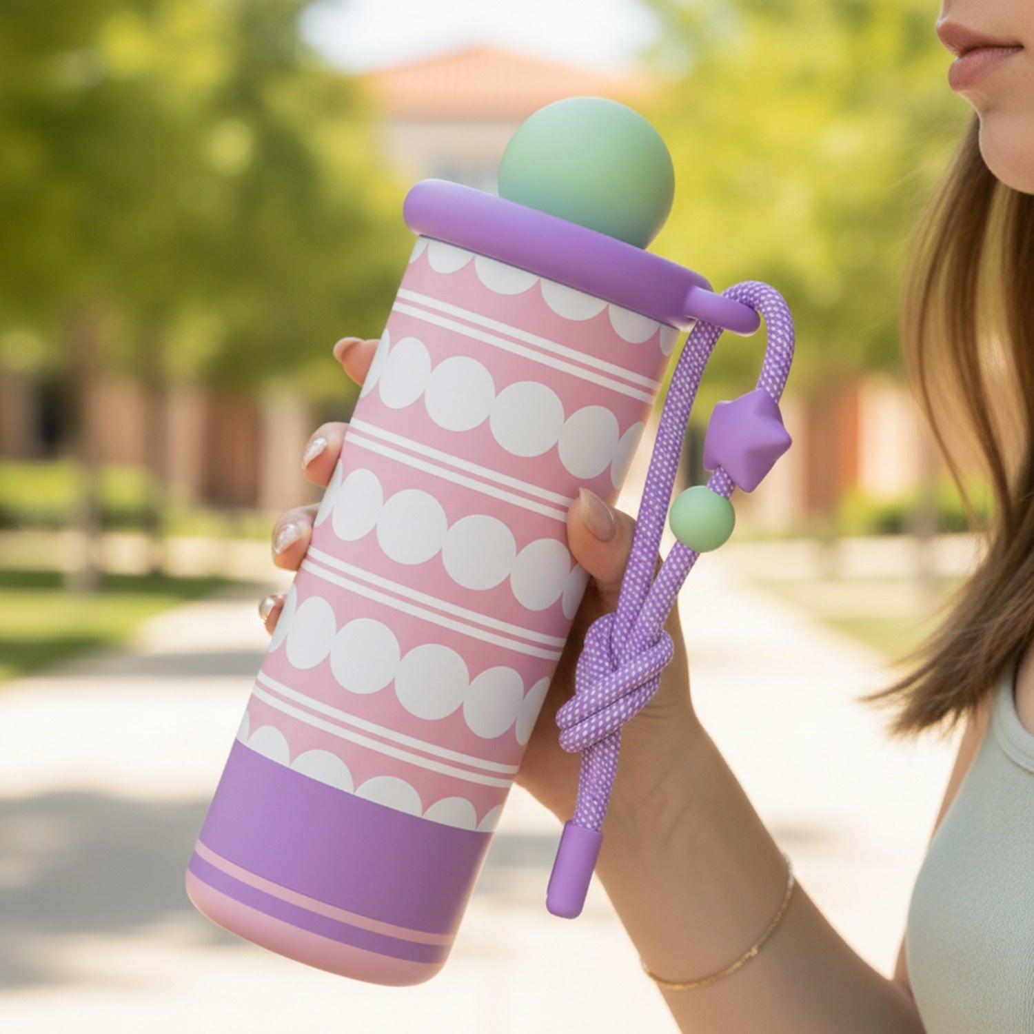 Pastel Pink Polka Dot Tumbler With Purple Rope Handle