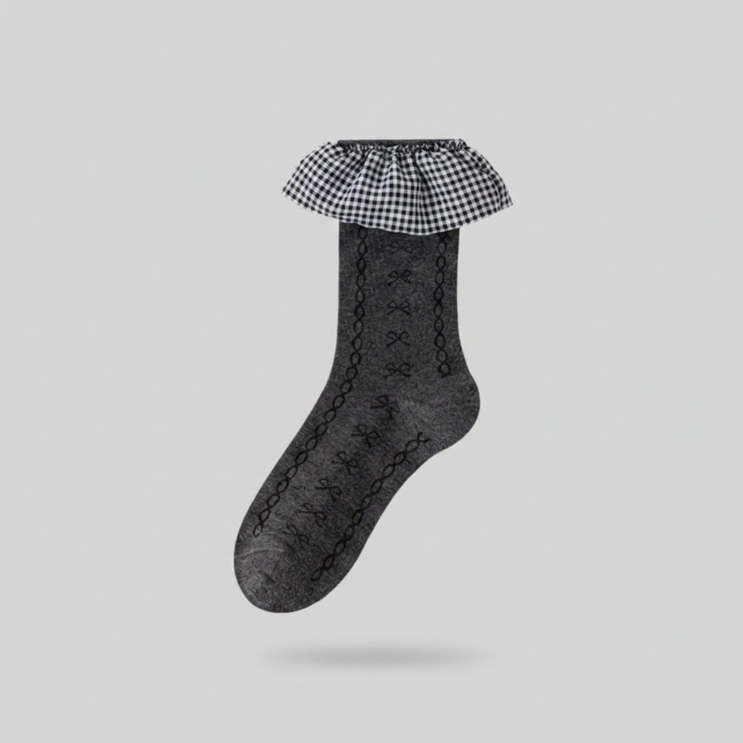 White Ribbed Crew Socks With Plaid Ruffle Cuff
