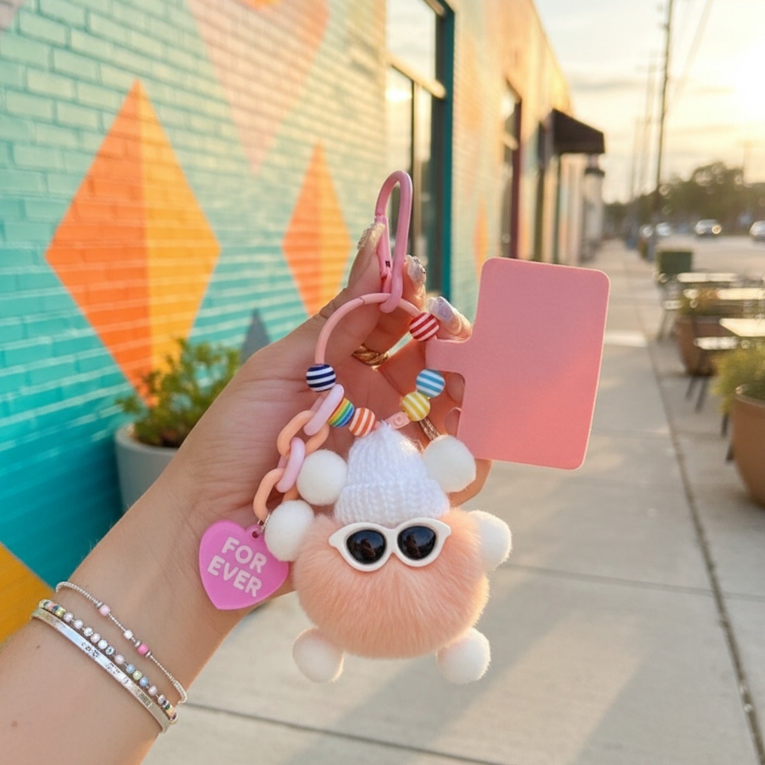 Fuzzy Pom Pom Beaded Keychain With Heart Charm