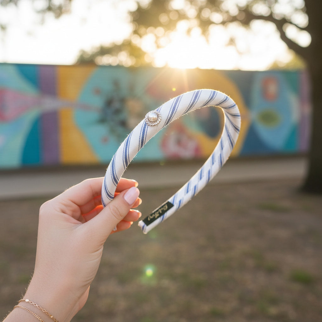Twisted Striped Pearl Headband White Navy