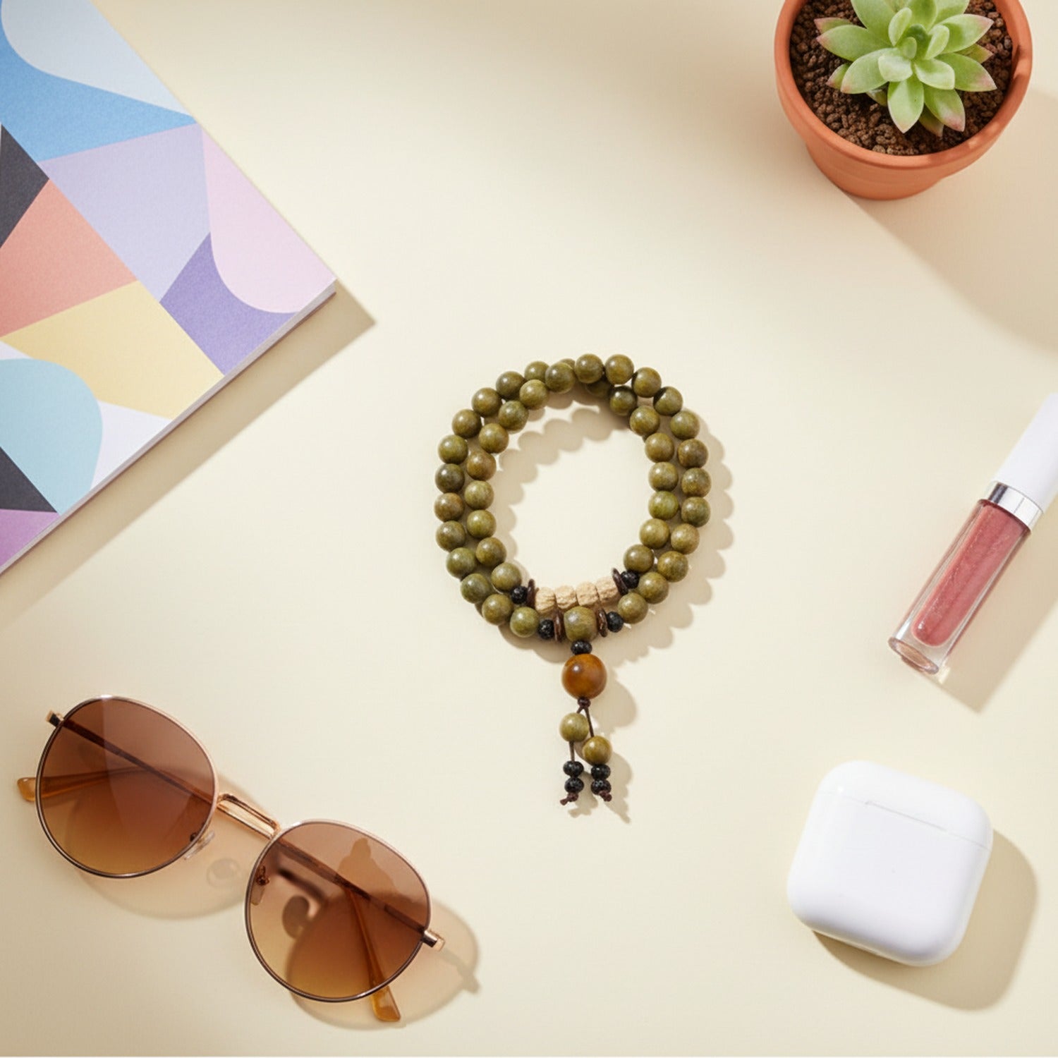 Wooden Beaded Bracelet With Amber Charm Tassel