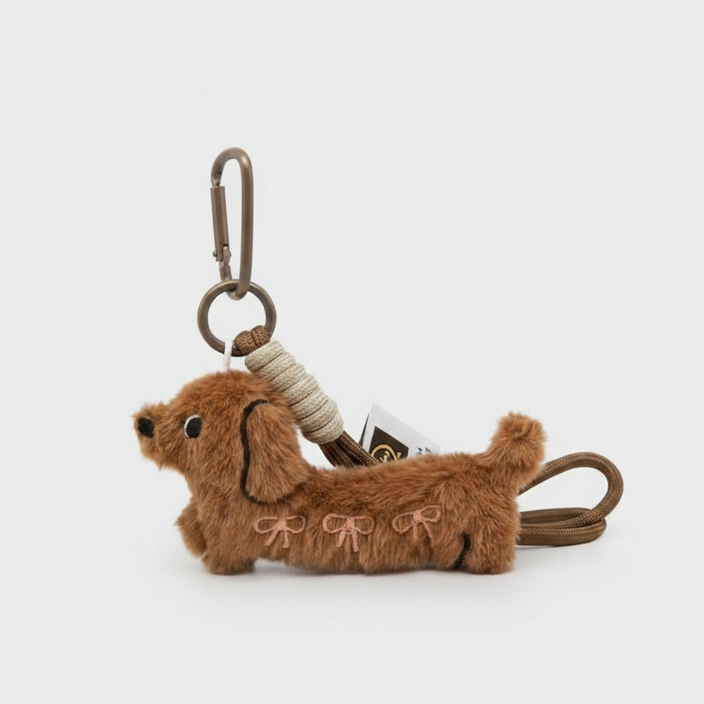 Fluffy Brown Dachshund Keychain With Bow Charms