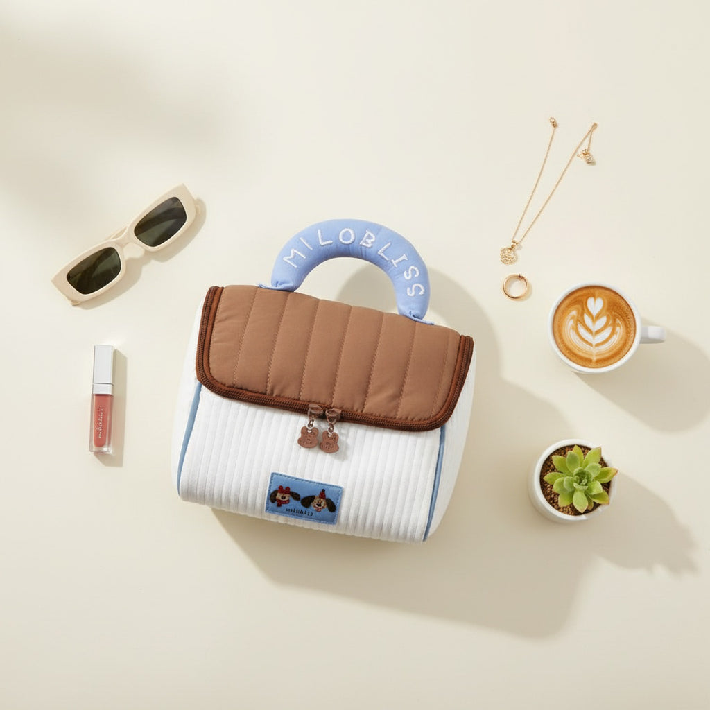 Quilted Cream & Brown Cosmetic Bag with Blue Handle