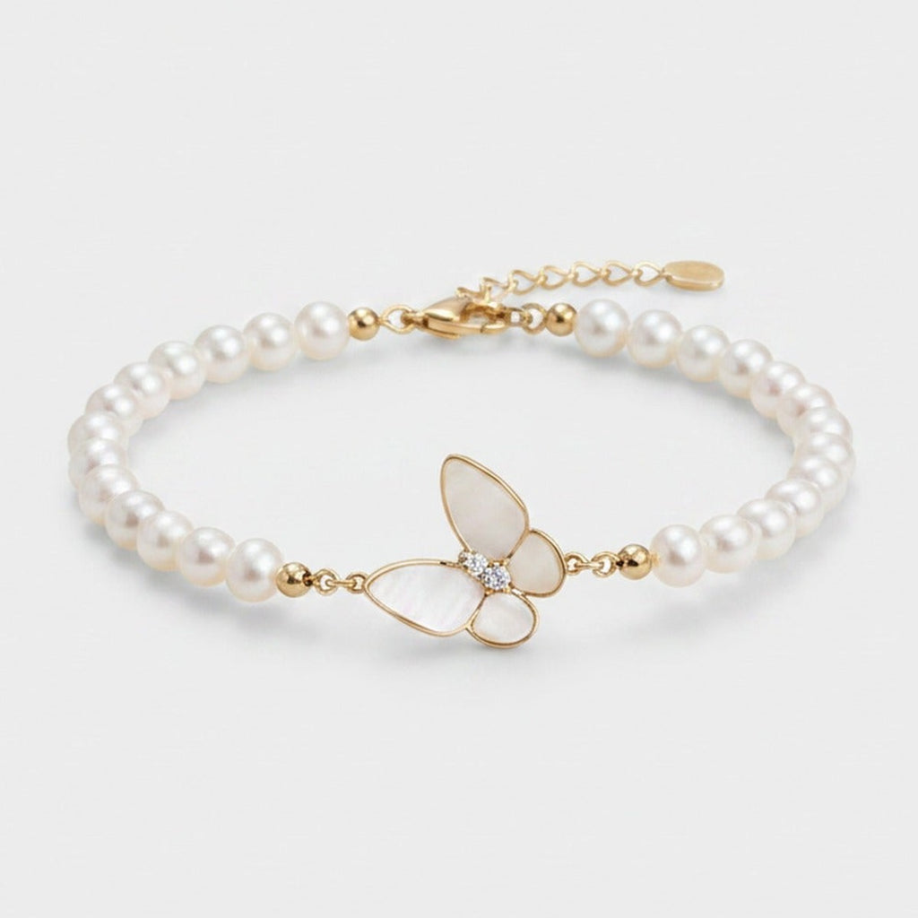 Pearl Beaded Butterfly Charm Bracelet Gold – jewelry (view 1)