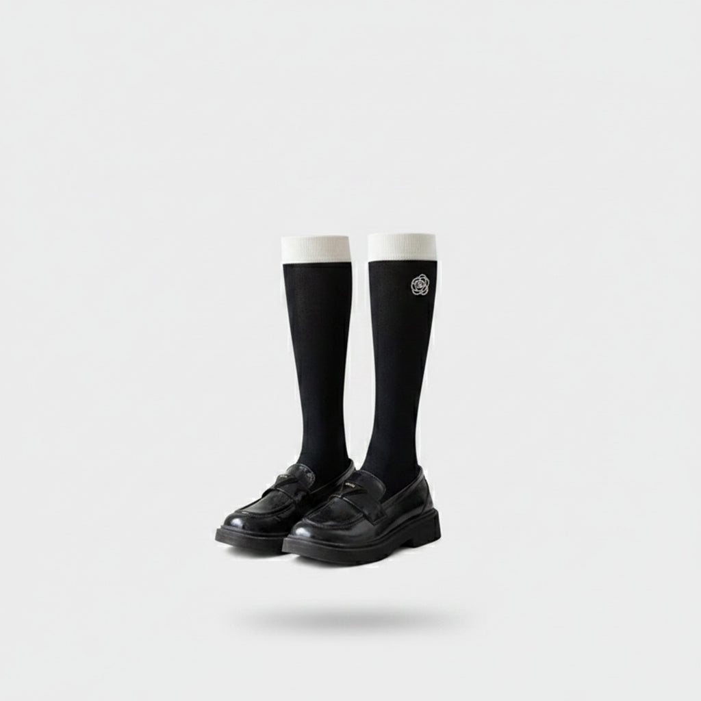 Black Knee High Socks With Cream Cuff