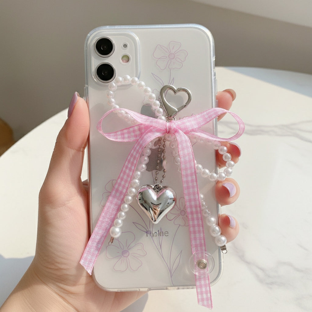 Pearl Beaded Heart Charm Keyring With Pink Bow