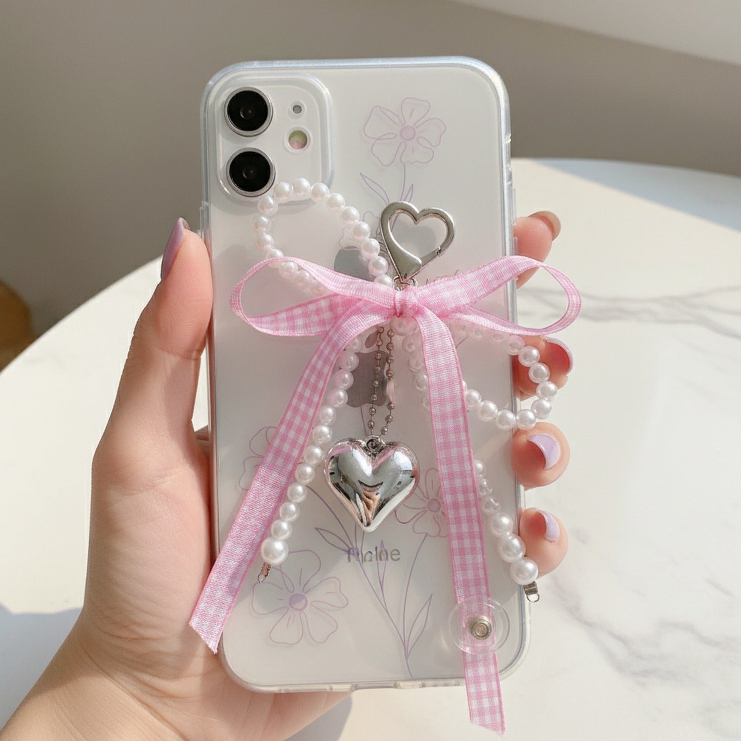 Pearl Beaded Heart Charm Keyring With Pink Bow