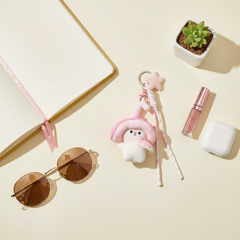 Pink Mushroom Plush Phone Charm With Ribbon Strap