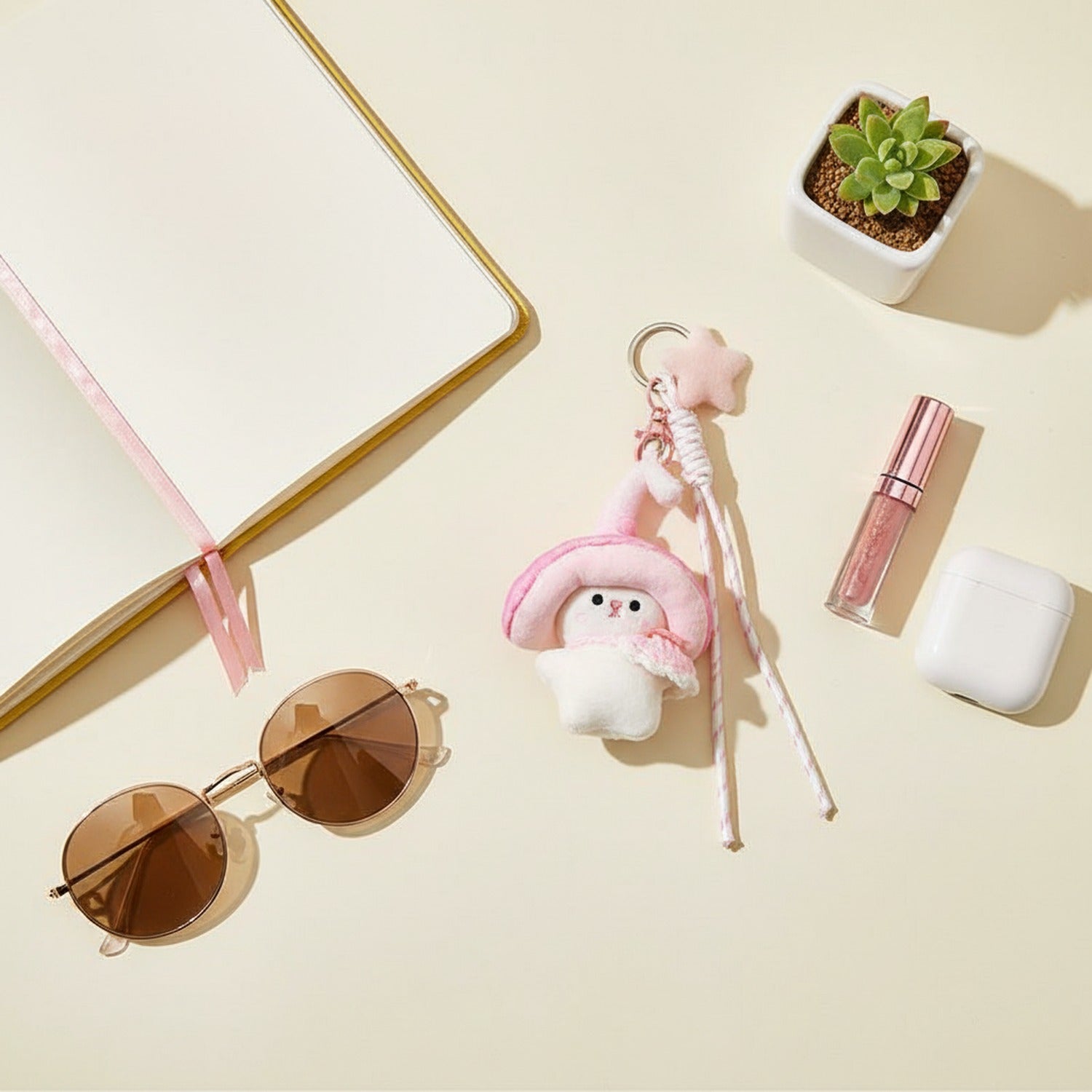 Pink Mushroom Plush Phone Charm With Ribbon Strap