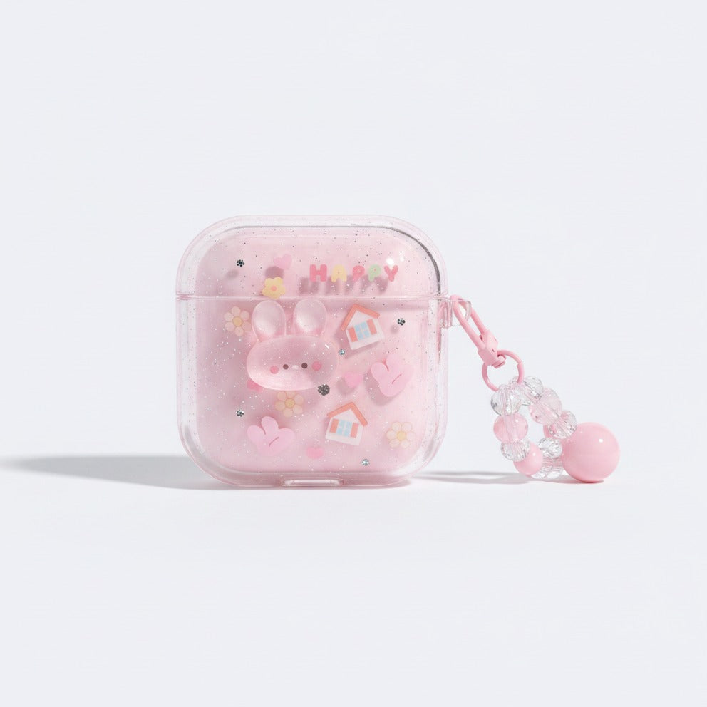 3D Flower AirPods Case with Beaded Charm - Pink Bunny House (for AirPods 4)
