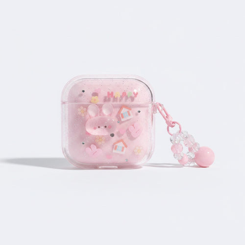 3D Flower AirPods Case with Beaded Charm - Pink Bunny House (for AirPods 4)