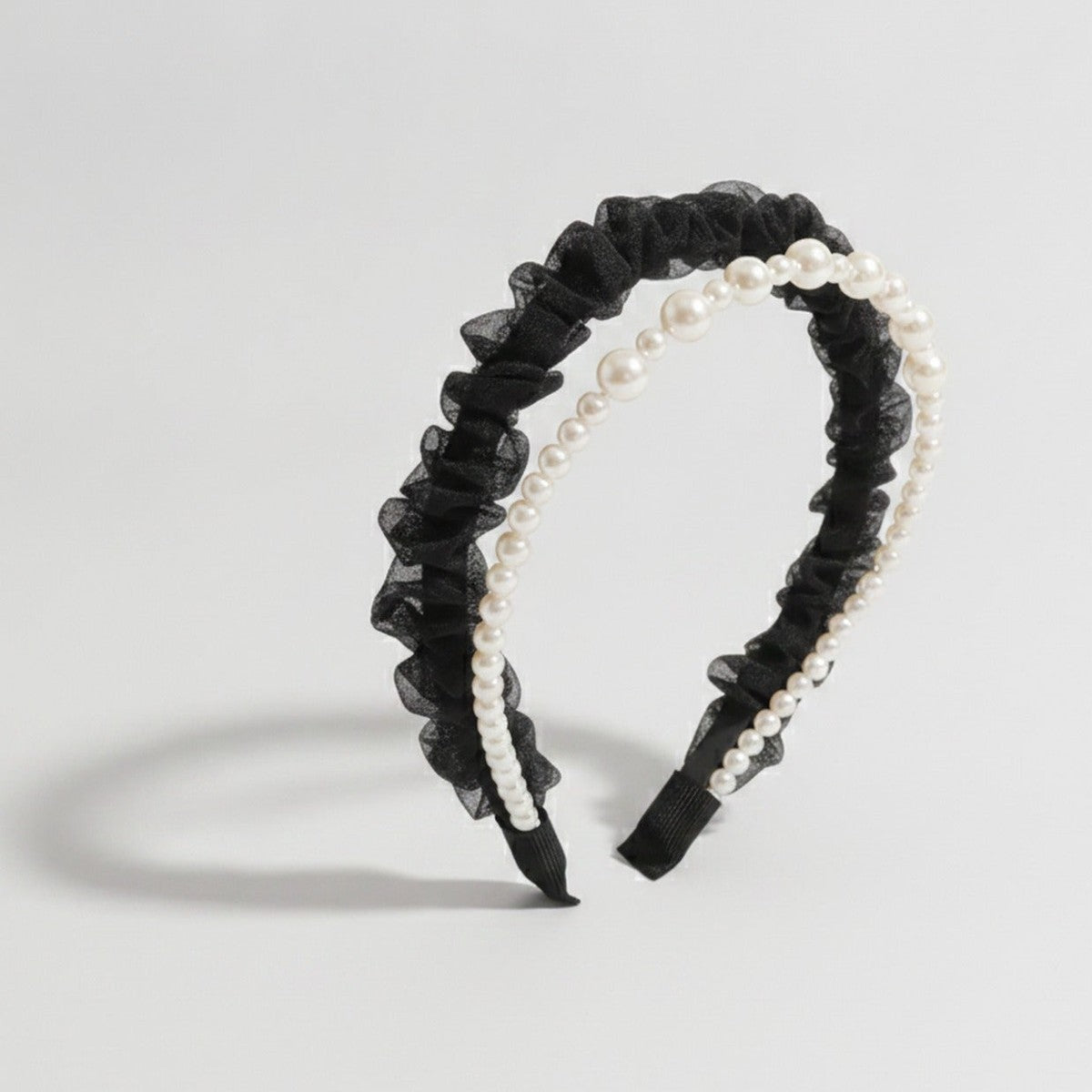 Pearl Beaded Ruffle Headband - Black – hair accessories (view 1)