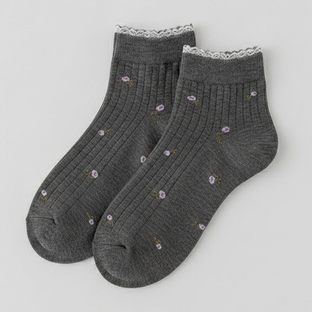 Dark Gray Ribbed Lace Ankle Socks – apparel accessories (view 1)