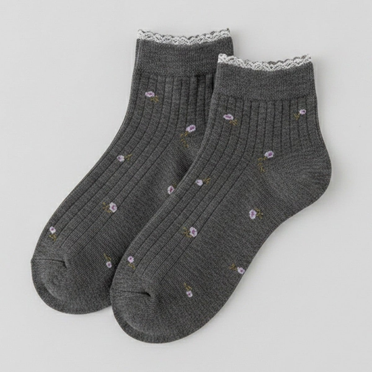 Dark Gray Ribbed Lace Ankle Socks – apparel accessories (view 1)