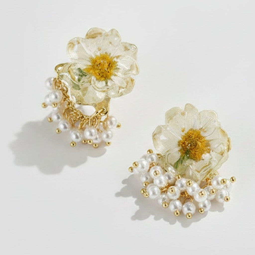 Daisy Natural Dried Flower S925 Silver Needle Earrings - White – jewelry (view 1)