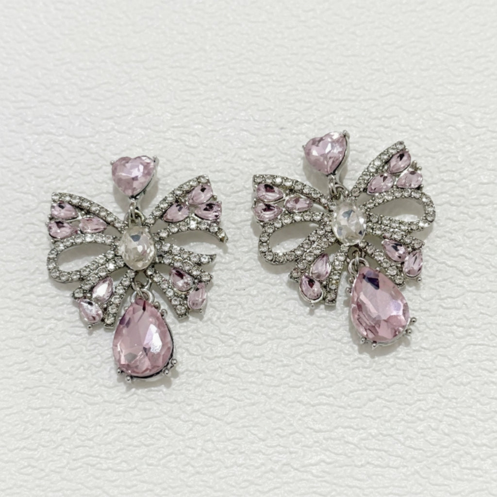Rhinestone Bow Pink Crystal Teardrop Earrings