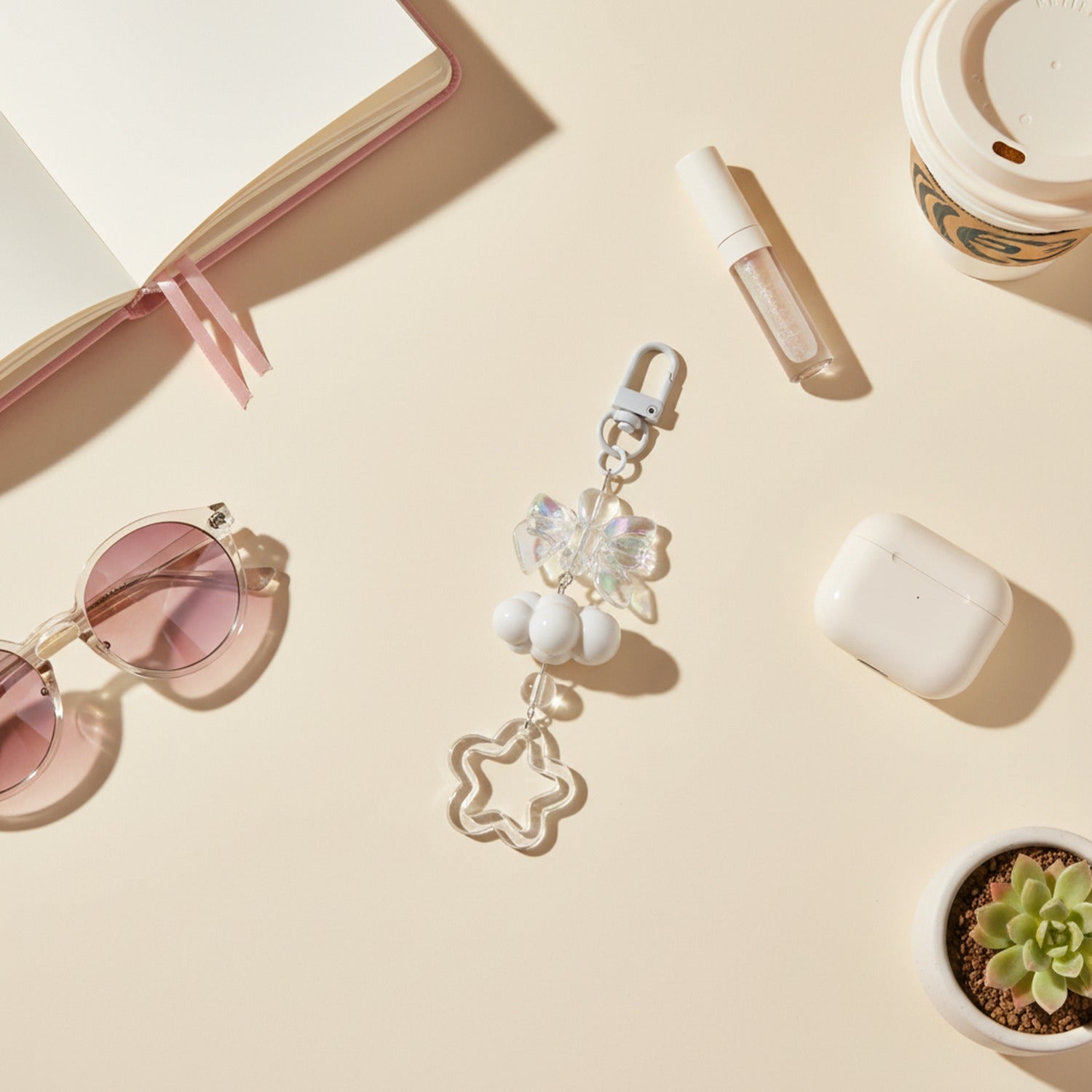 Pink Acrylic Heart Bow Star Keychain Charm
