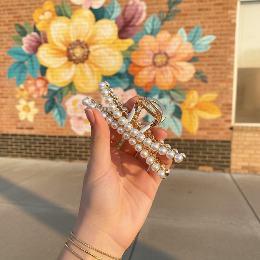 Pearl Beaded Gold Hair Claw Clip