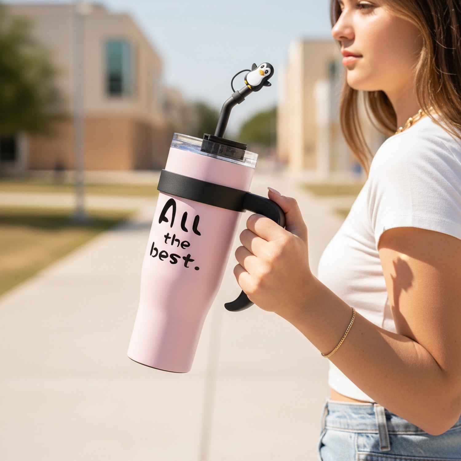 Pink Tumbler Cup With Bird Charm Handle