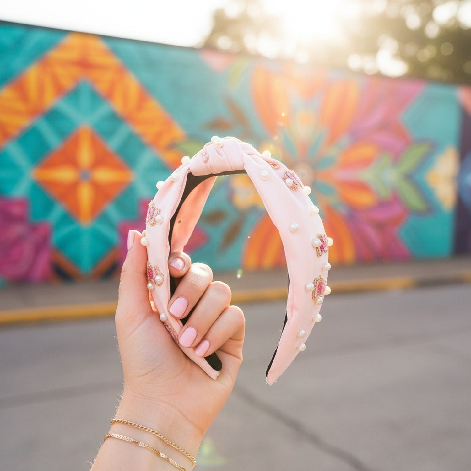 Pink Padded Headband With Beaded Floral Embellishments