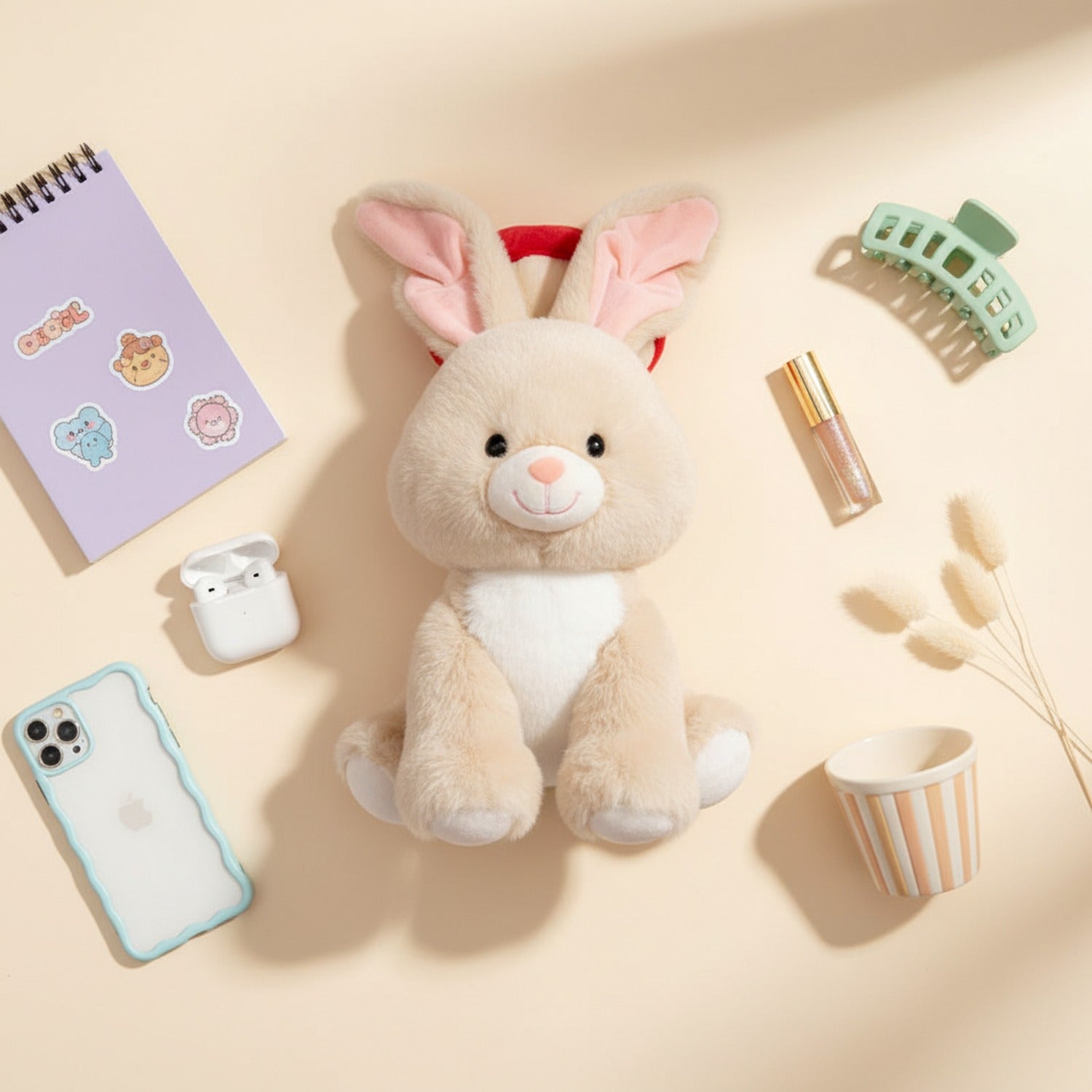Cream Bunny Plush Toy With Red Heart Headband
