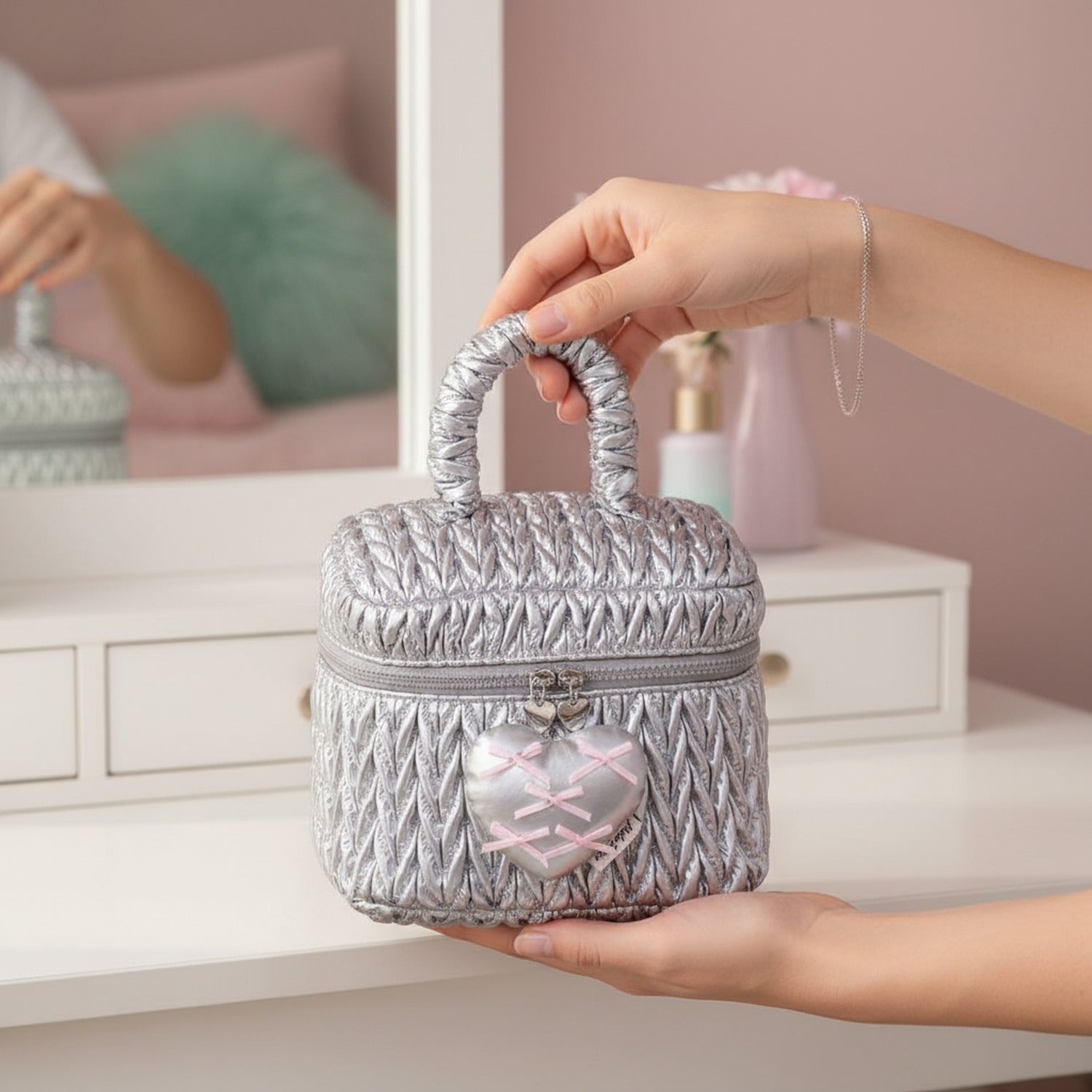 Silver Puffed Cosmetic Bag With Pink Heart Charm