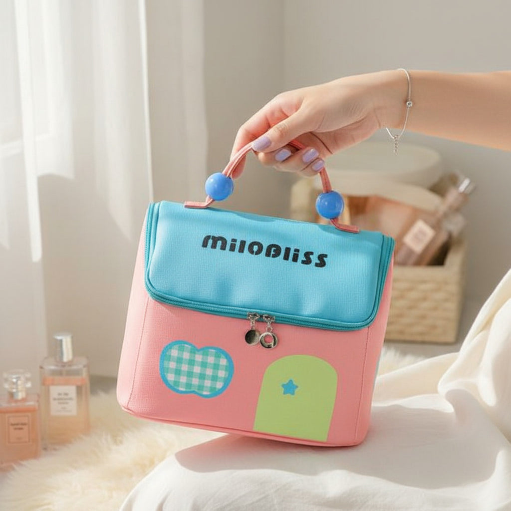 Cute Pink Toiletry Bag With Blue Beaded Handles