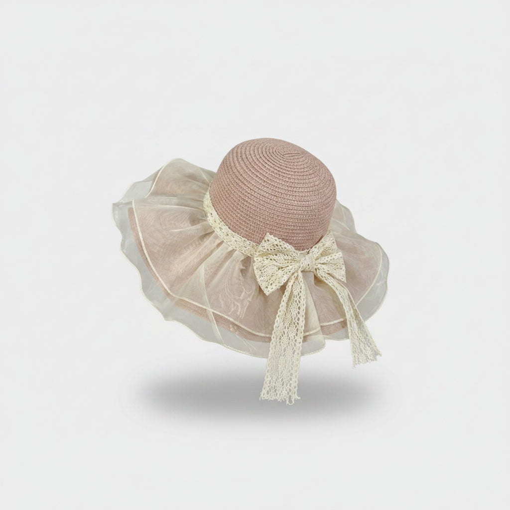Cream Lace Bow Straw Sun Hat