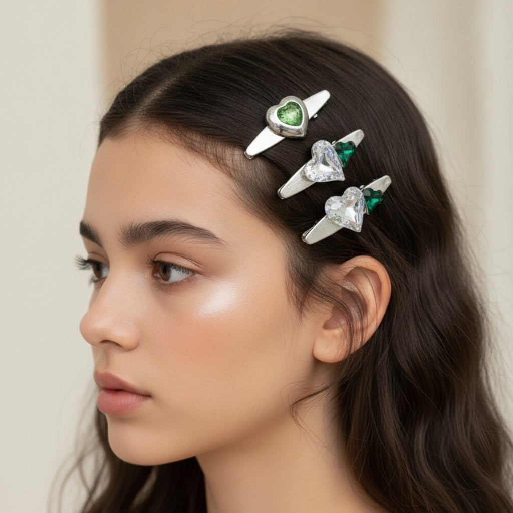 Gemstone Heart Claw Hair Clip Set Green Heart