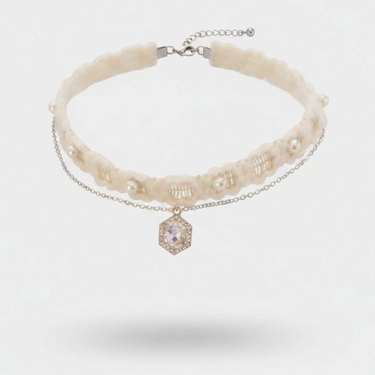 Fur Charm Necklace With Dangling Pendants - Cream Pearl Hexagon – jewelry (view 1)