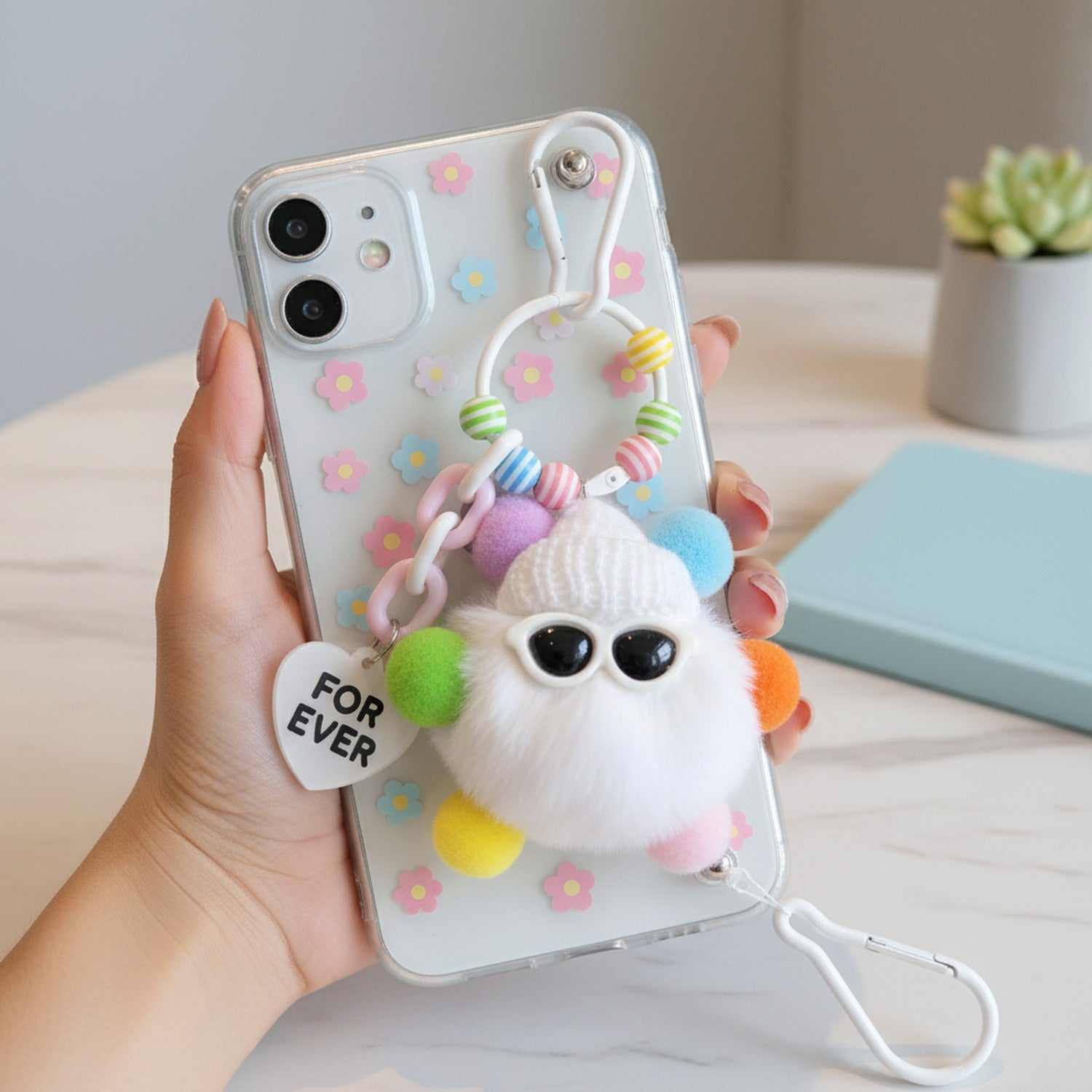 Fluffy White Pom Keyring With Colorful Beaded Chain