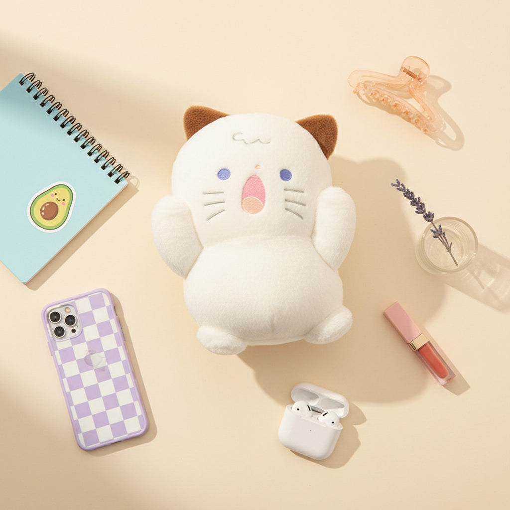 Adorable Cream Cat Plush Toy With Brown Ears