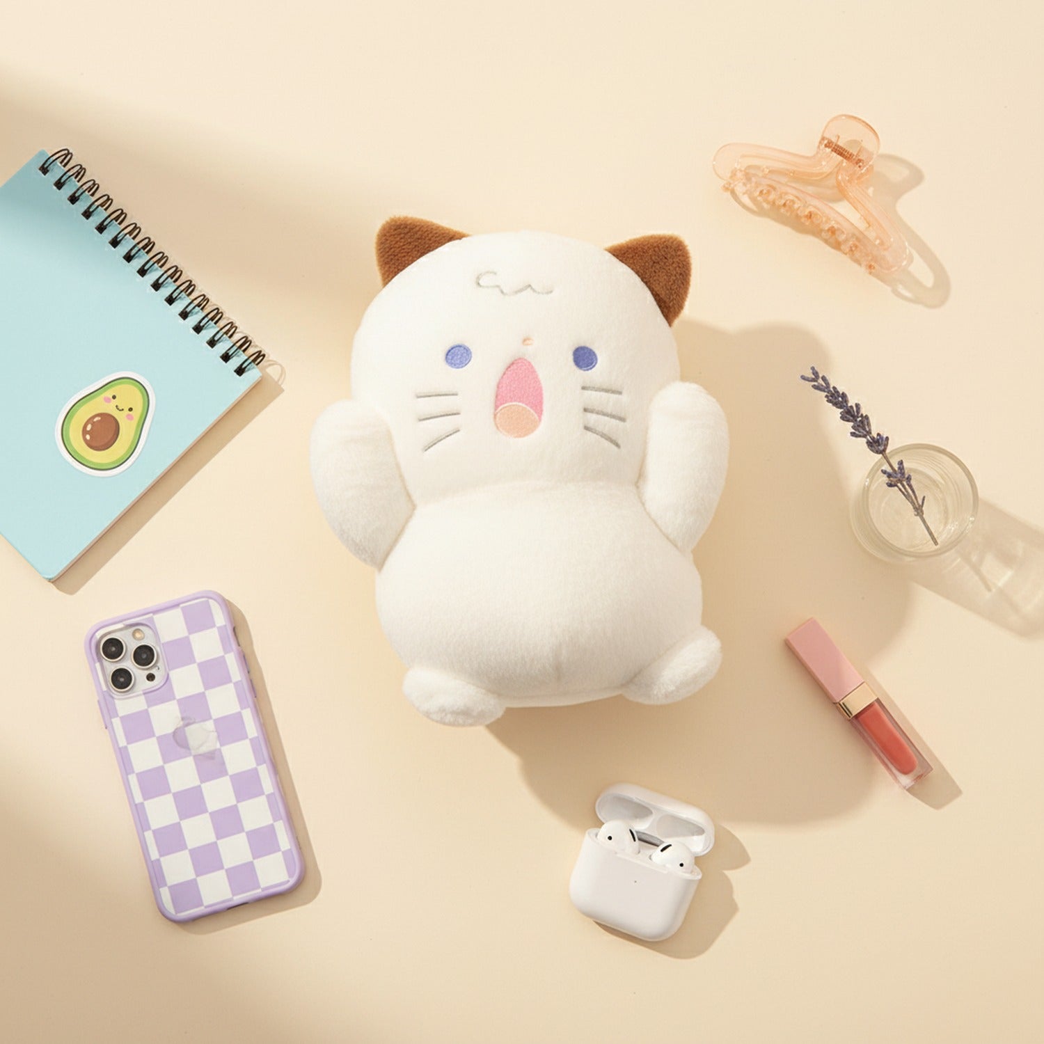 Adorable Cream Cat Plush Toy With Brown Ears
