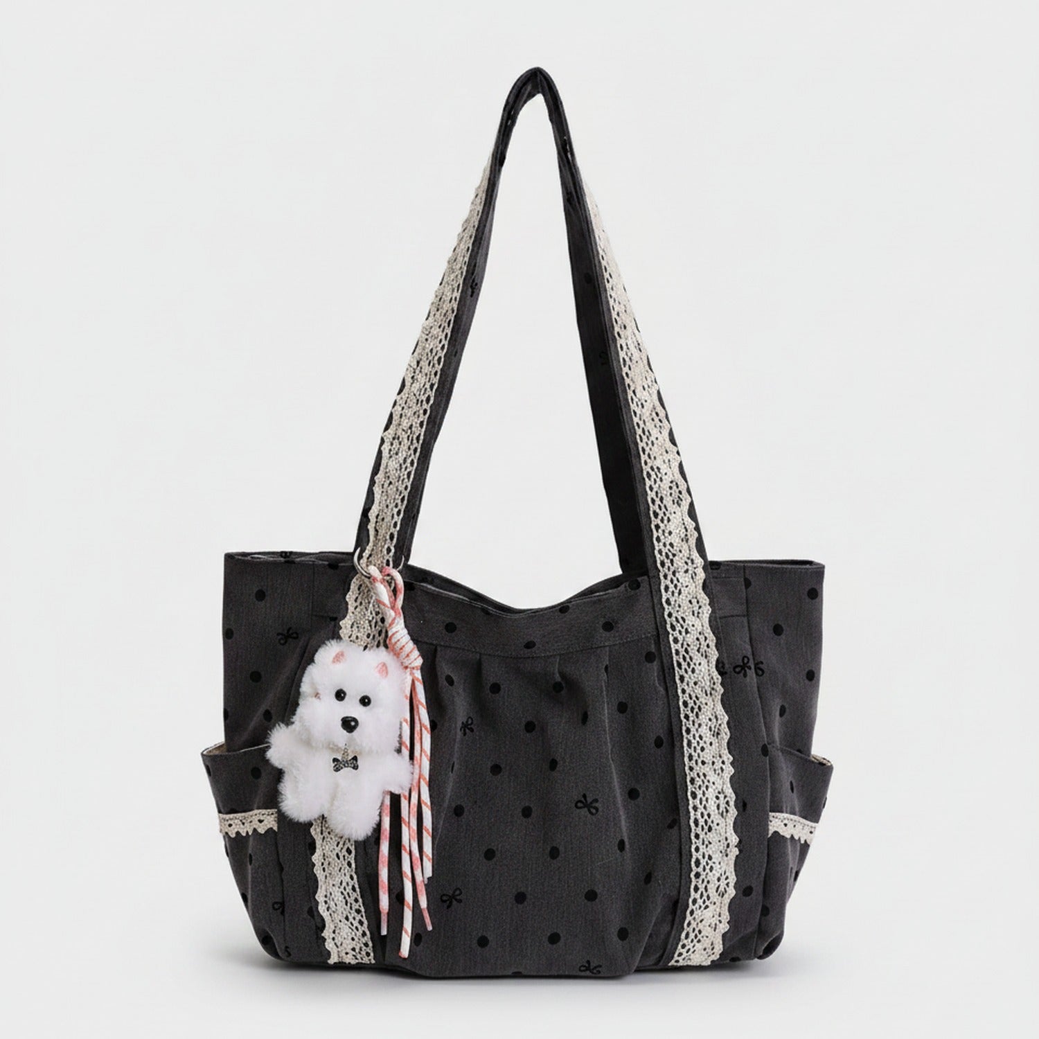 Black Star Studded Hobo Tote Bag With Fluffy Charm