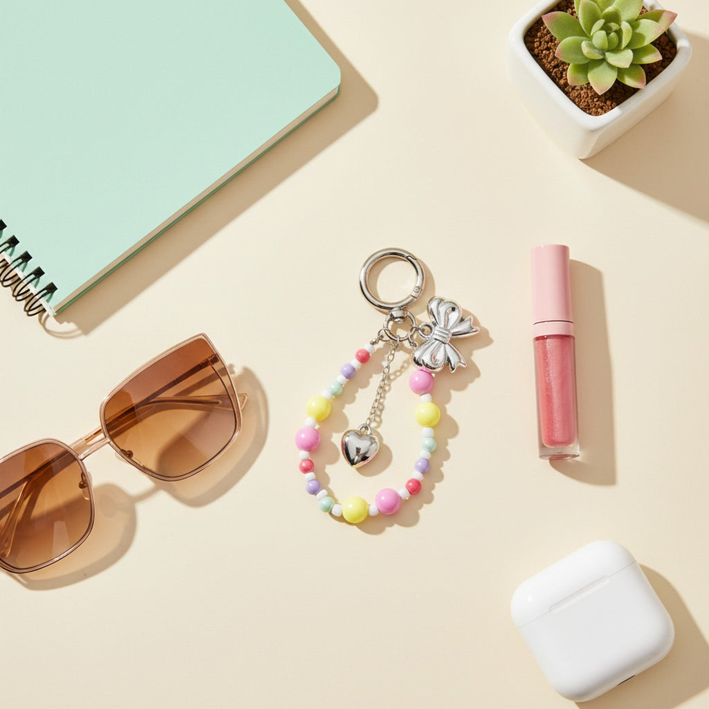Pastel Beaded Charm Keyring With Butterfly And Heart