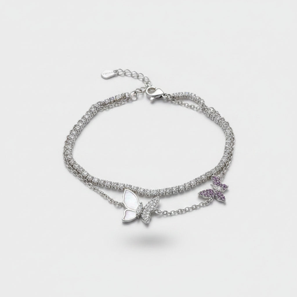 Silver Butterfly Charm Rhinestone Layered Bracelet